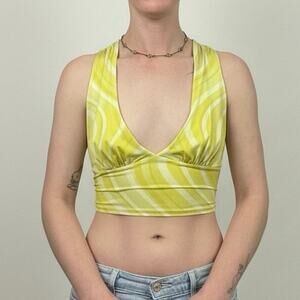 Urban Outfitters Yellow Striped Cross Tie Back Cropped Plunge Neck Top